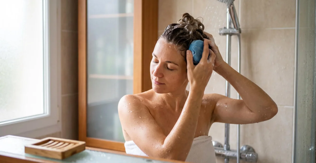 Une femme applique un pain de shampoing solide bleu sur ses cheveux mouillés dans une salle de bain lumineuse.