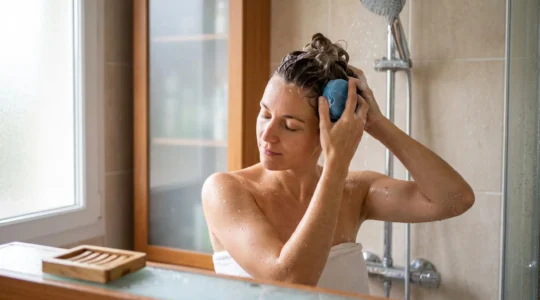 Une femme applique un pain de shampoing solide bleu sur ses cheveux mouillés dans une salle de bain lumineuse.