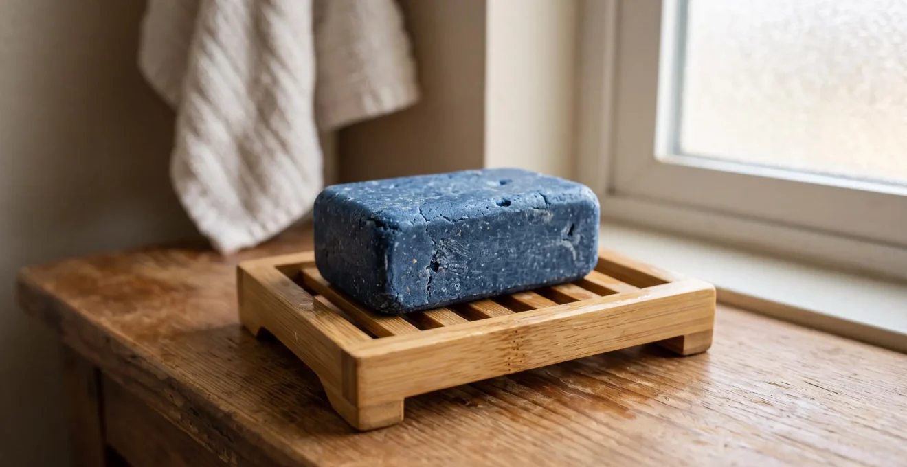 Un pain de shampoing solide bleu sèche sur un porte-savon en bambou drainant posé sur un meuble de salle de bain.