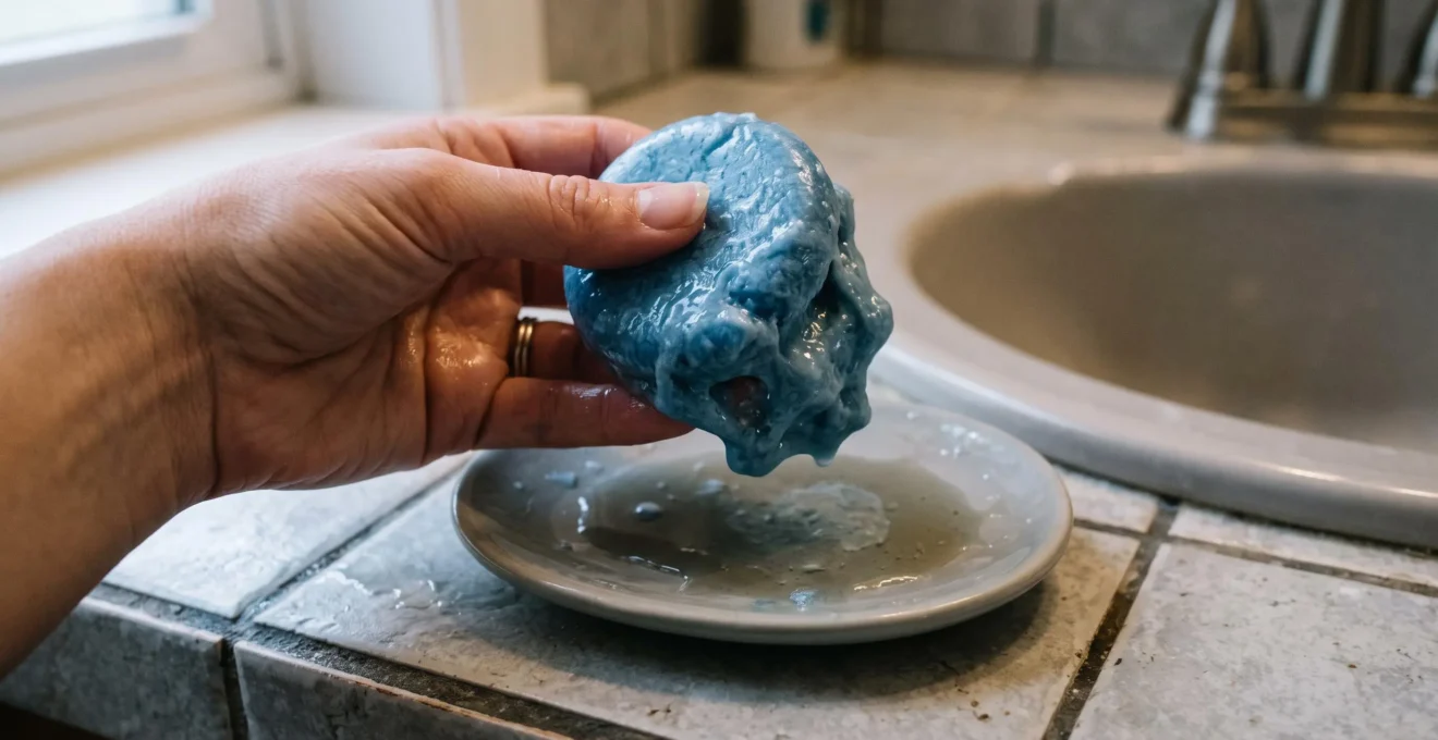 Une main tient un pain de shampoing solide bleu ramolli et déformé, retiré d'une coupelle non drainante où de l'eau a stagné.